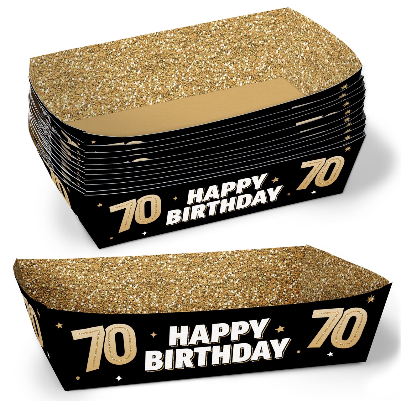 Big Dot of Happiness 70th Birthday Party Paper Food Trays, Disposable Food Boats, Black & Gold, Picnic, BBQ, Double-Sided Paper Meal Holders - 12 Ct